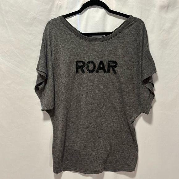 “ROAR” Black Sequined, Grey Heather, Wide Neck, Short Sleeve Dolman Shirt - Picture 1 of 5